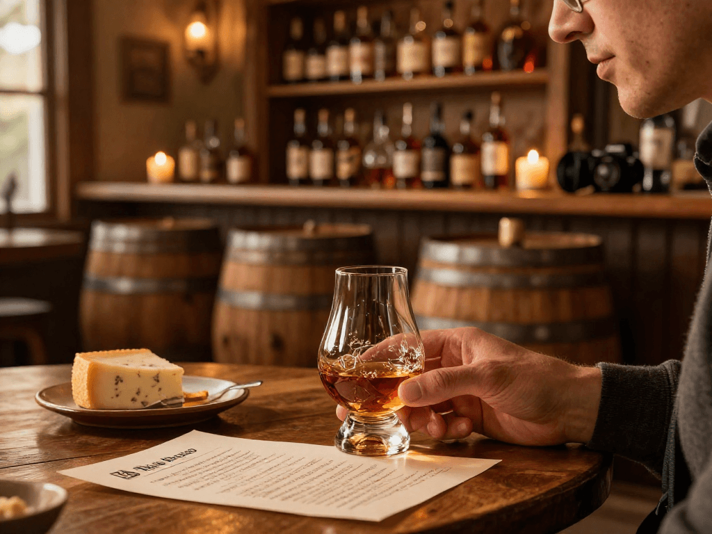 Savoring Blanton's Single Barrel Bourbon in a cozy home bar setting with tasting notes and artisan cheese.