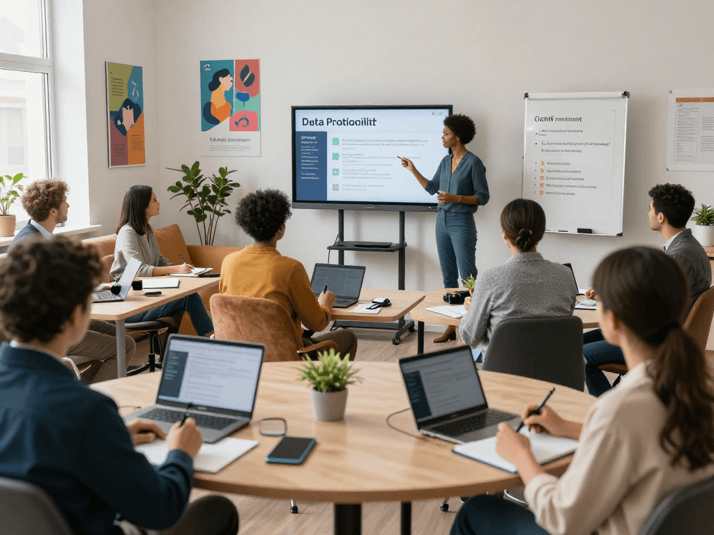 Training zur Datenschutz-Compliance in sozialen Einrichtungen mit vielfältigem Team und digitalen Lehrmaterialien.