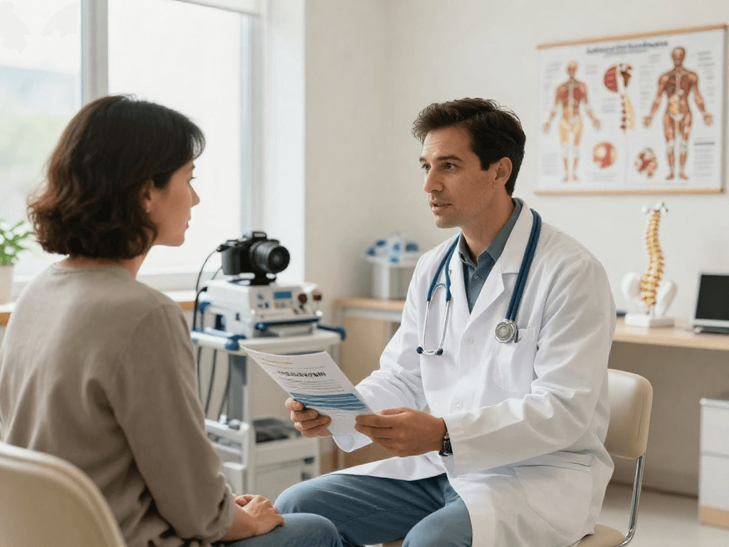 Consultation for dar kanal ameliyatı in a modern clinic with medical professional and patient.
