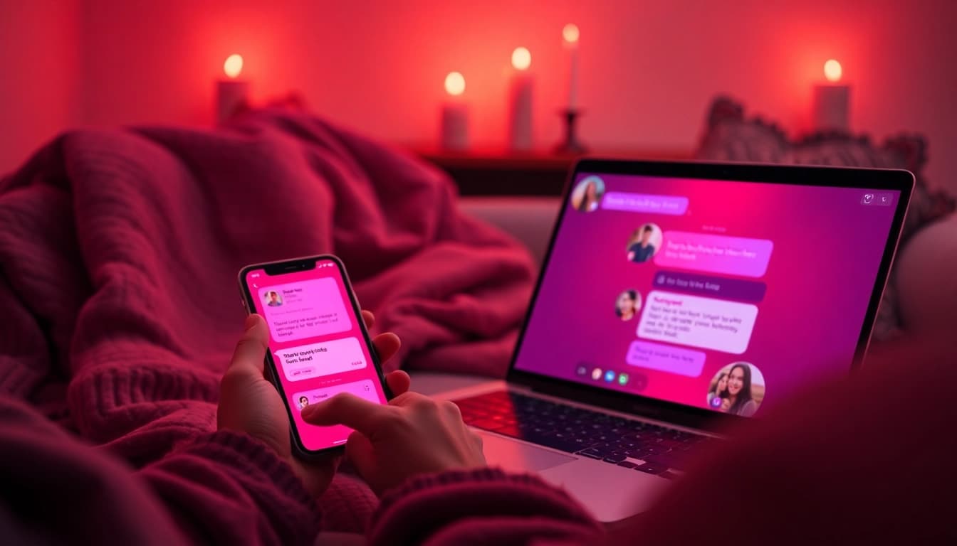 Inviting NSFW chat setup with smartphone and laptop in cozy, warm lighting.