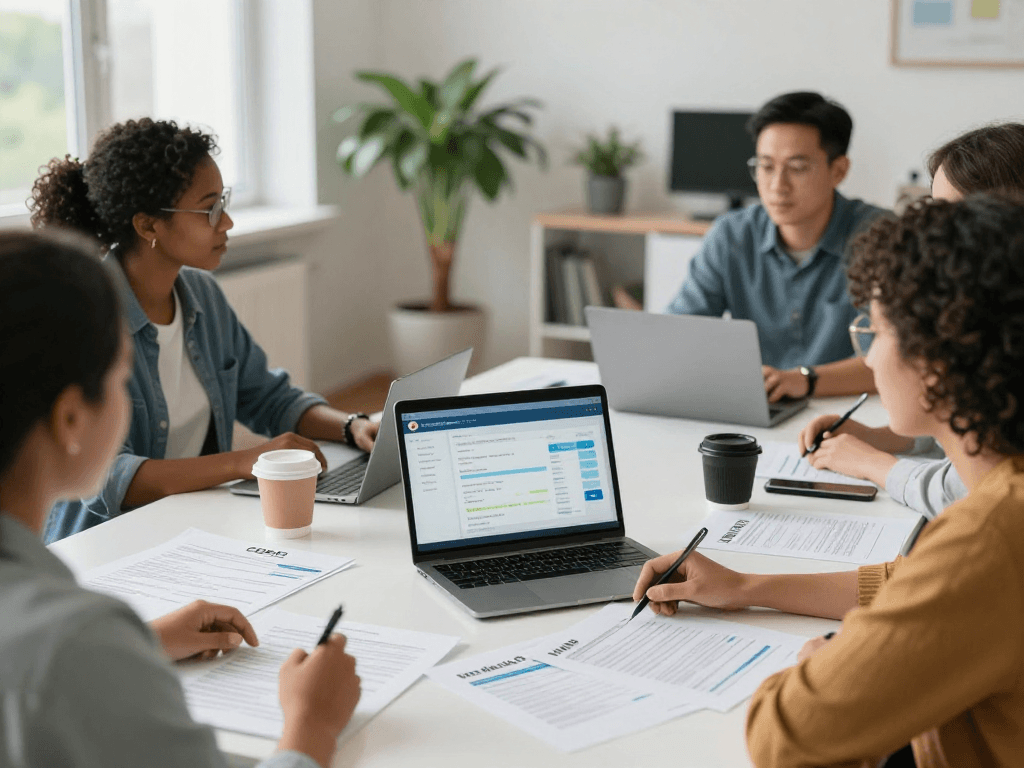 Consultants working on GDPR compliance and accessibility for Soziale Einrichtungen in a collaborative meeting.