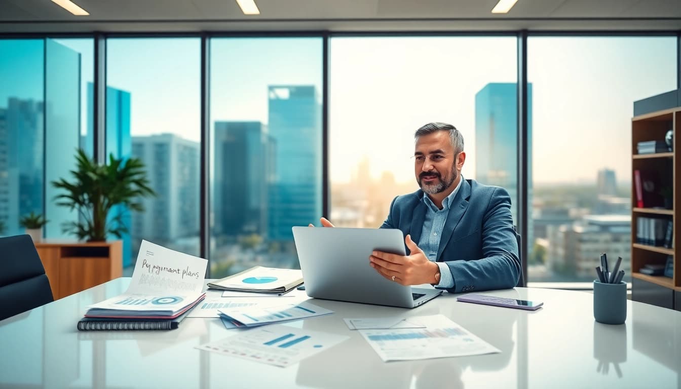 Strategic Beratung zu Schulden Finanzamt Ratenzahlung in modernem Büro mit Finanzdokumenten.