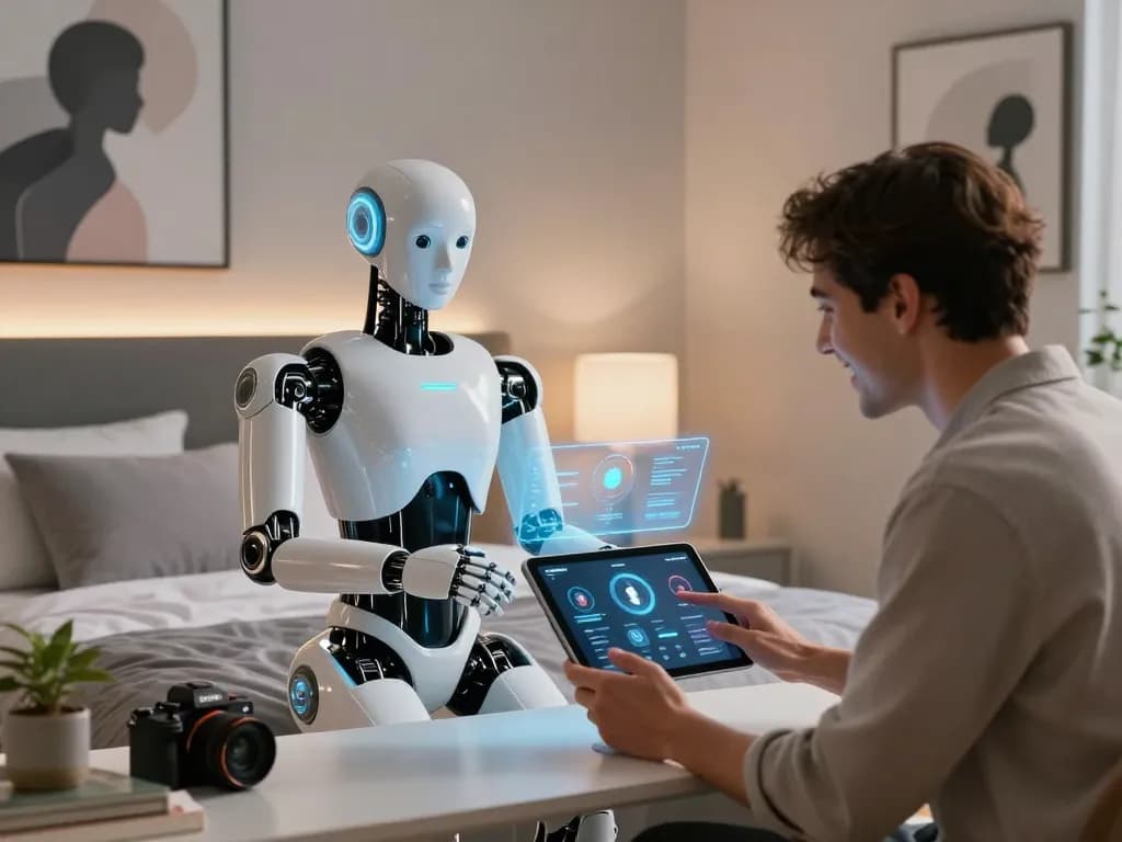 Futuristic sex bot interacting with a user in a modern bedroom, showcasing advanced technology and intimacy.