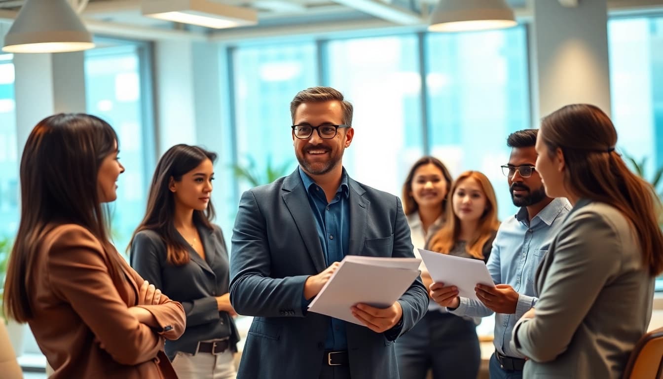 Headhunter Ingenieure im Gespräch mit talentierten Technikern im Büro.