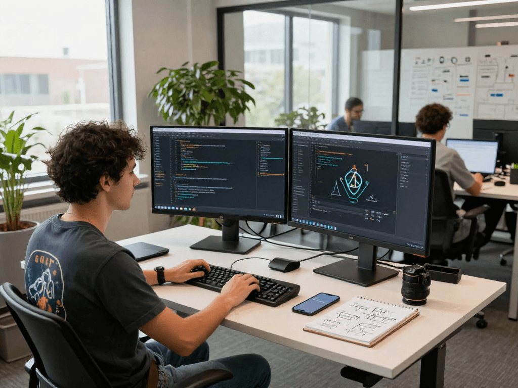 Developer working with acrossprotocol in a modern tech workspace showcasing dual monitors and collaborative software development tools.