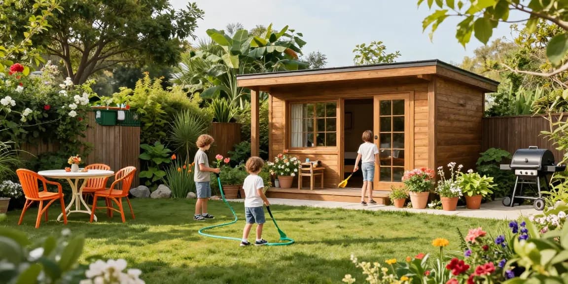 Ein modernes Gartenhaus in einer blühenden Gartenlandschaft, familienfreundliche Atmosphäre.