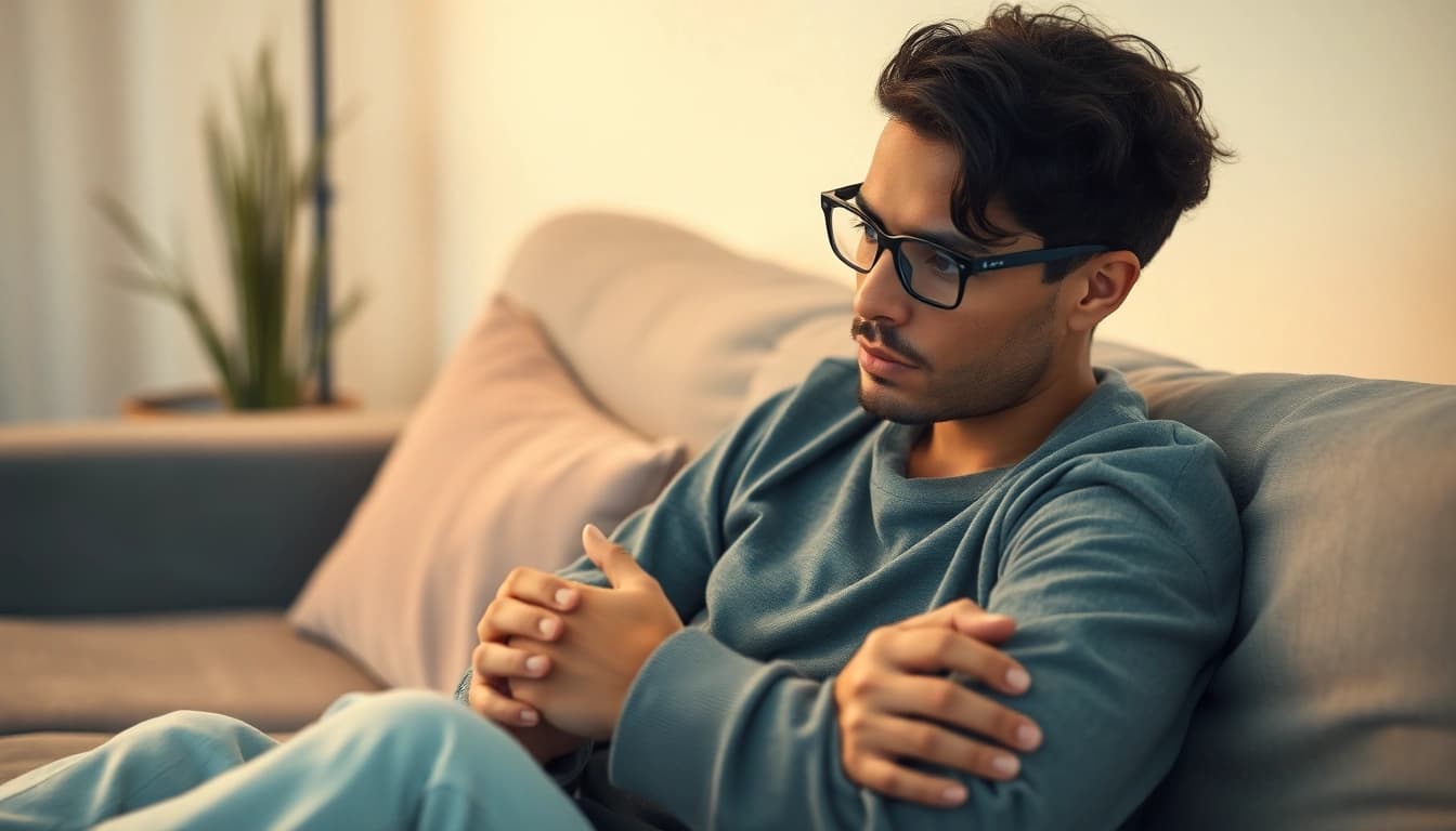 A person reflecting on depression symptoms in a serene setting with soft lighting and calming colors.