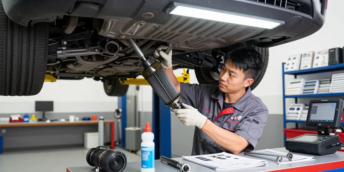 DPF Reinigen Prozess in einer Autowerkstatt mit einem Techniker, der einen Dieselpartikelfilter reinigt, zeigt Werkzeuge und Ausstattung.