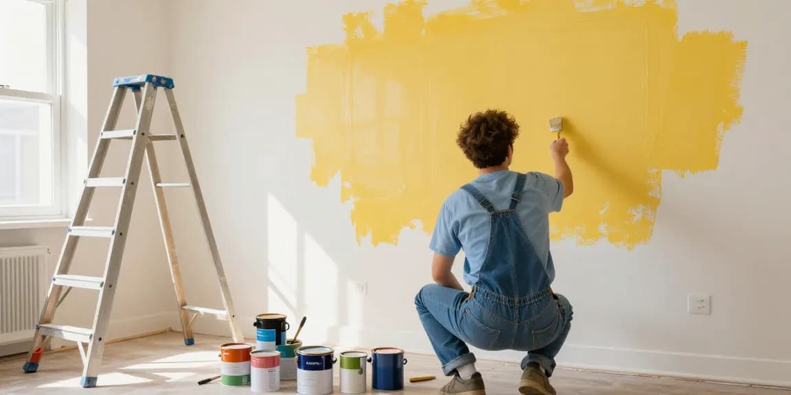 Maler Heidelberg Günstig, professioneller Maler arbeitet in einem hellen Wohnzimmer mit frischer Farbe und Werkzeugen.