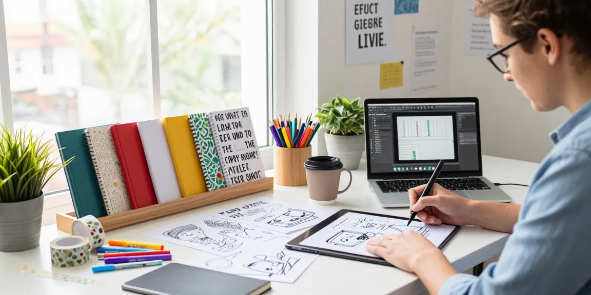 Designer sketching custom printed notebooks at a vibrant workspace.