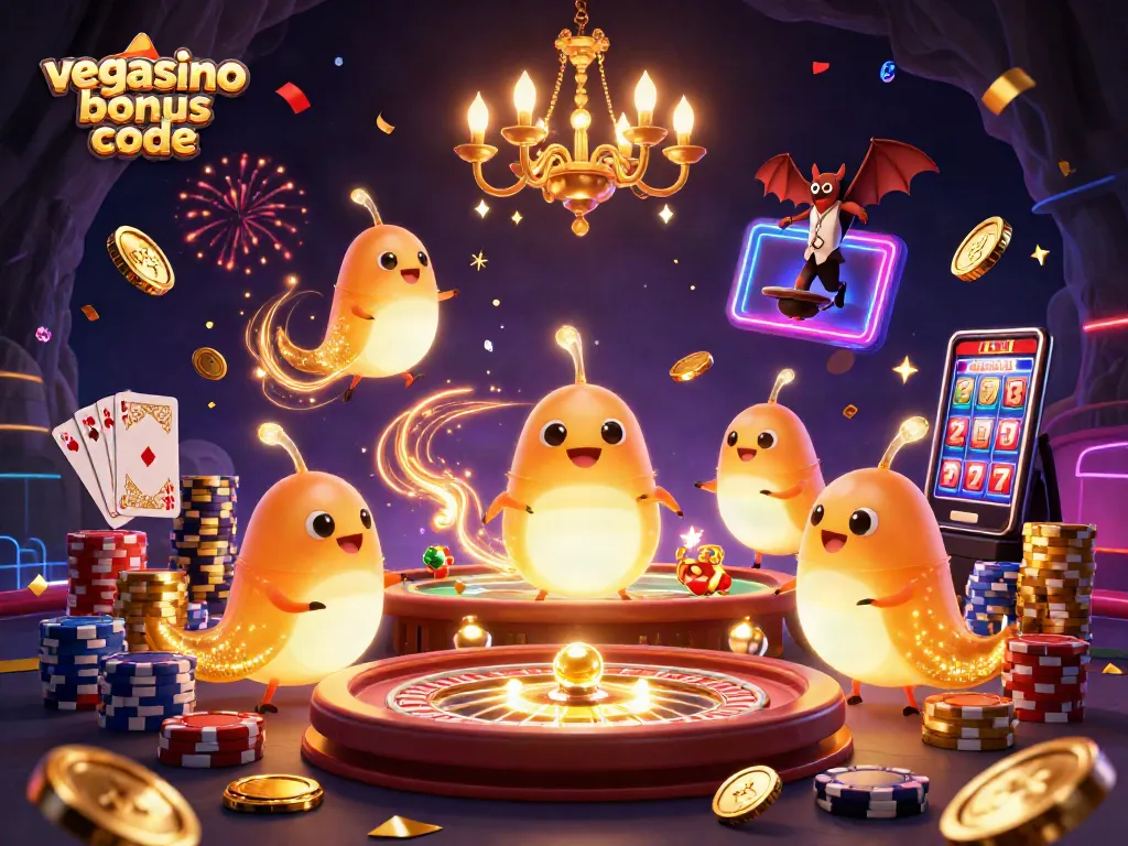 Engage with the vegasino bonus code in an exciting 3D casino scene filled with glowworms and vibrant gaming elements.