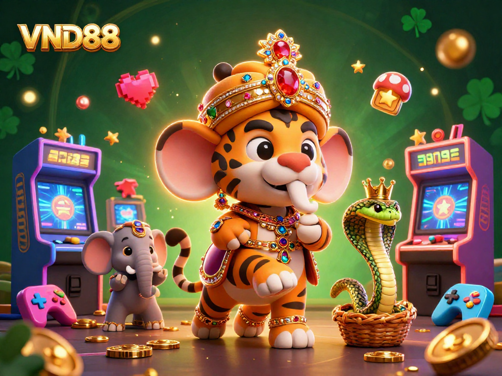 Experience thrilling gaming action at VND88 with vibrant illustrations of a maharaja tiger and elephant.