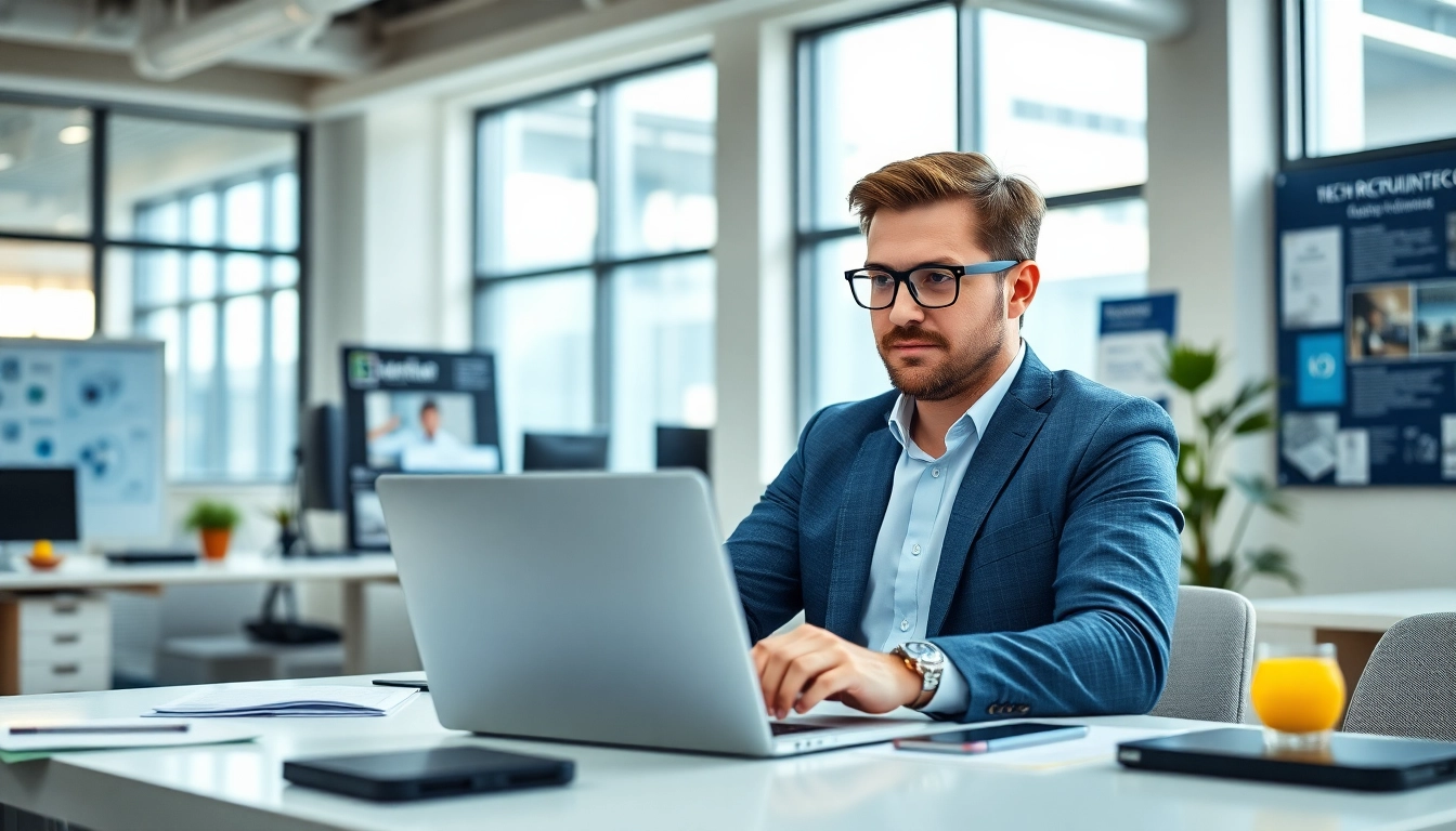 Headhunter IT in a modern office discussing tech vacancies with clients.