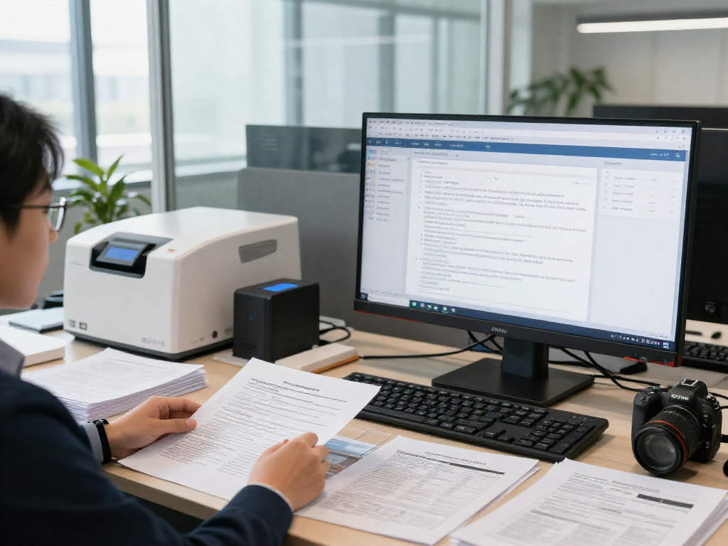 Document fraud detection analysis in a corporate workspace with software displaying document authenticity checks and analysis.