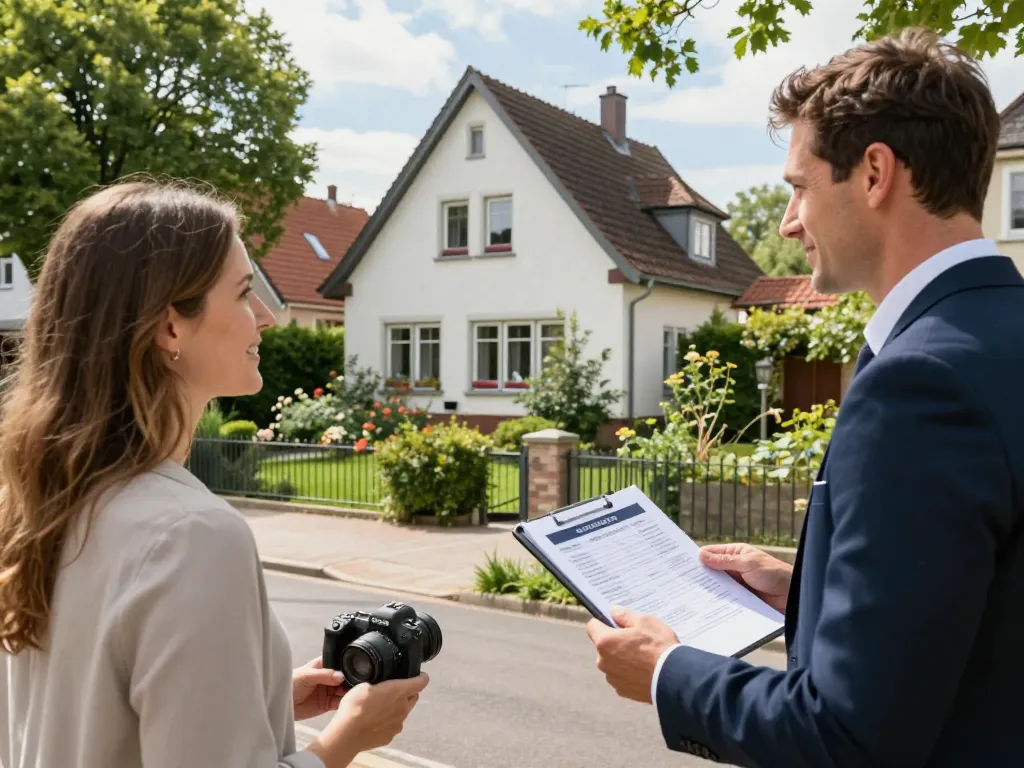 Immobilienmakler Frankfurt Eckenheim, der Häuser zeigt und Kunden in einem charmanten Viertel anspricht.