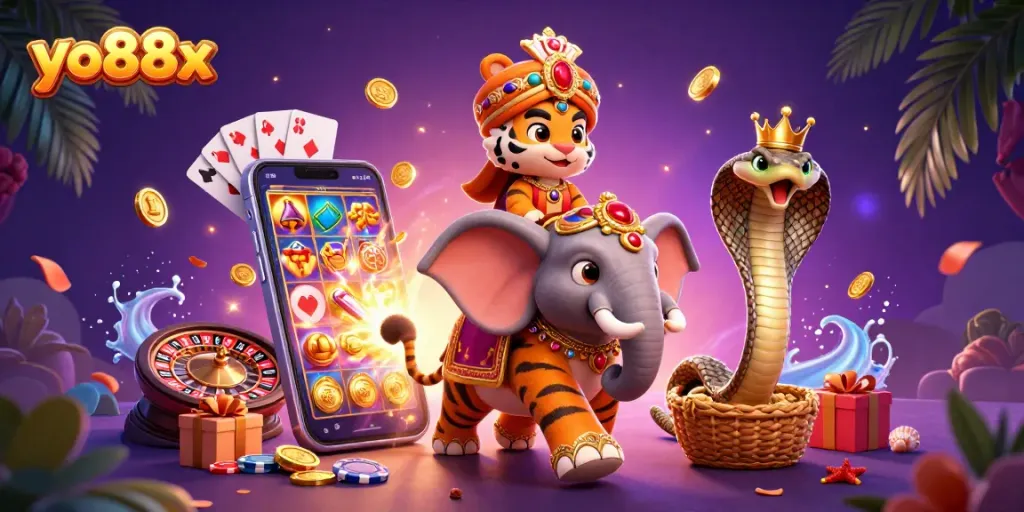 Spin to win with yo88x at this vibrant casino scene featuring a maharaja tiger and elephant in action.