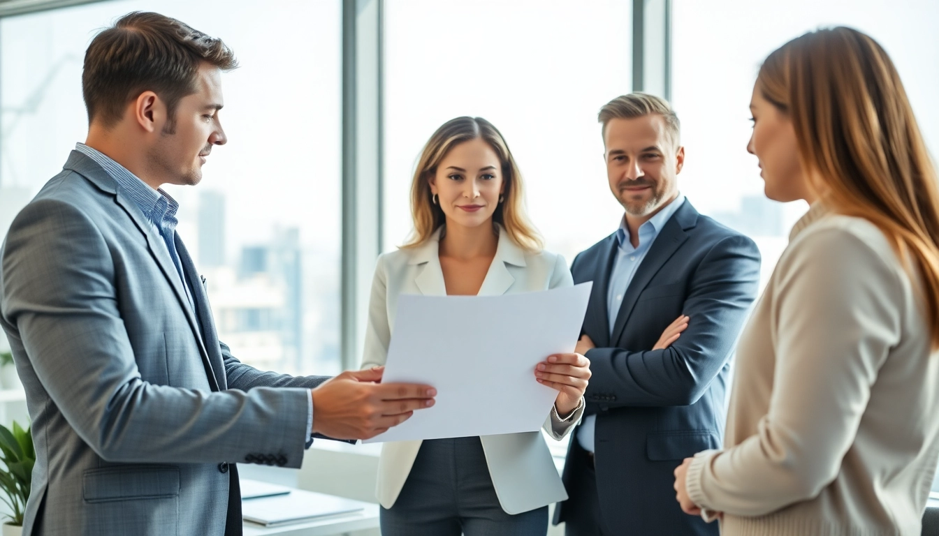 Hausverkauf bei Scheidung: Real estate advisor assisting a couple in a modern office setting.