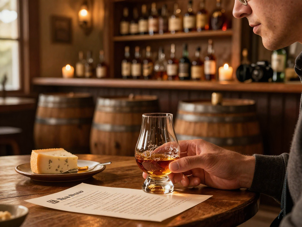 Savoring Blanton's Single Barrel Bourbon in a cozy home bar setting with tasting notes and artisan cheese.