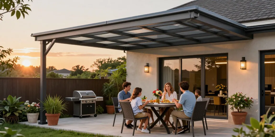 Elegante Terrassenüberdachung mit Familie beim Essen im Garten.