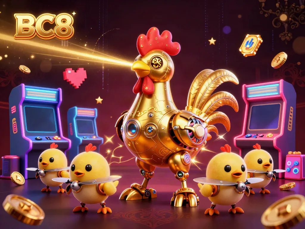Experience the vibrant world of BC8 in this dynamic 3D casino illustration featuring animated characters and colorful game elements.