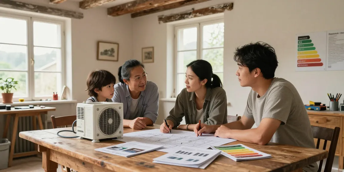Family discussing wärmepumpe im altbau installation with blueprints in rustic home.