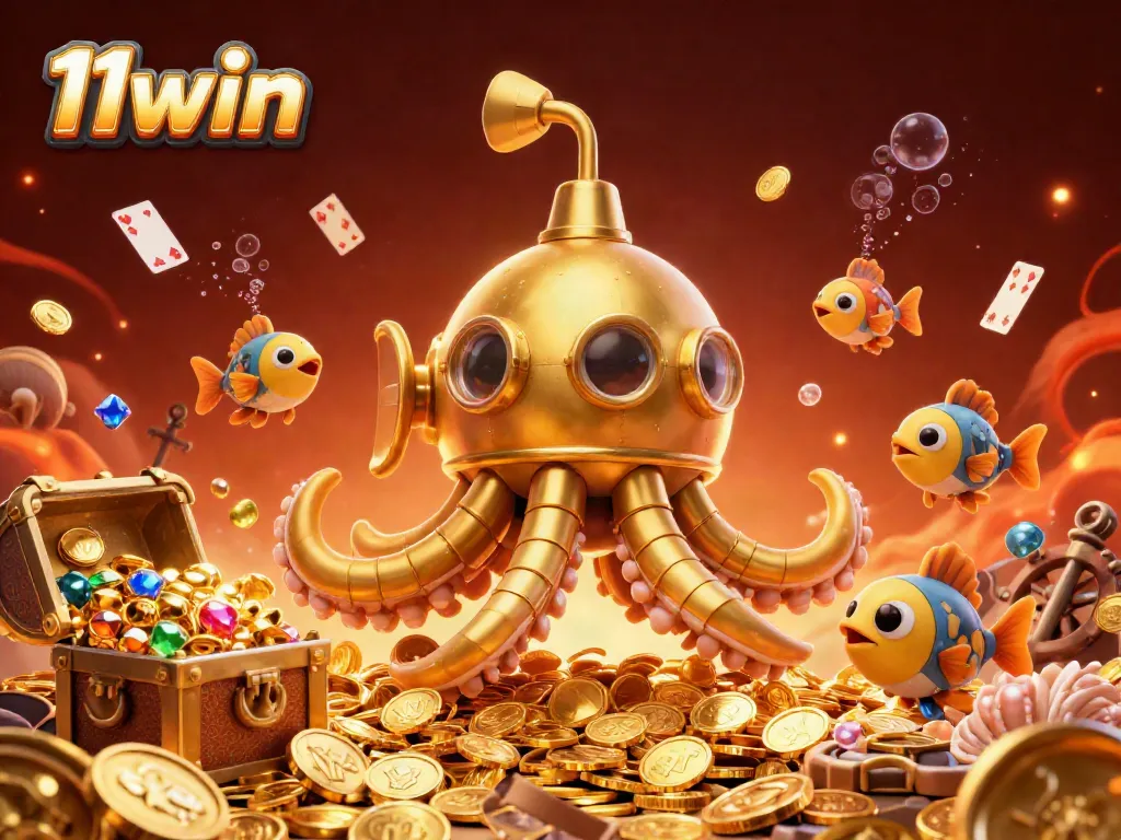 Experience the thrilling world of 11win with a spectacular 3D rendering of a golden kraken submarine amid treasure.