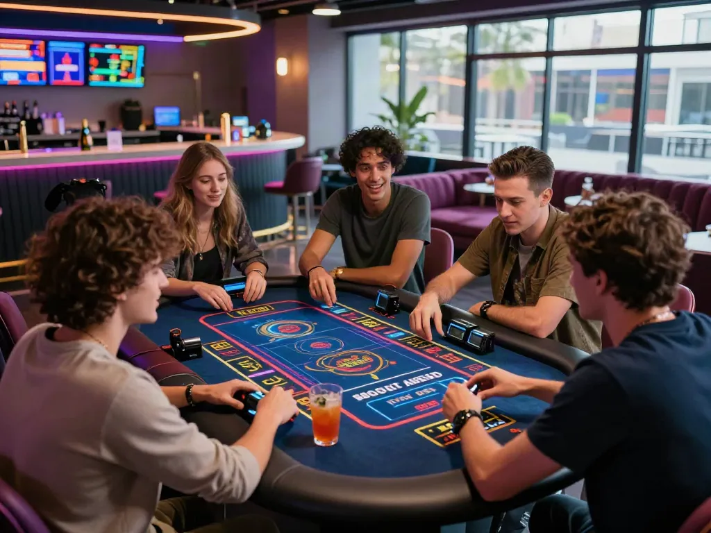 Exciting gathering around a touchscreen displaying Alternatif Bola88 gaming options.