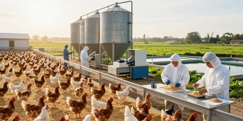 High-quality rokok88 animal feed production scene at a farm.