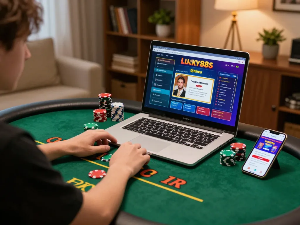 Engaged user playing lucky88s online poker game on laptop from a cozy home setup