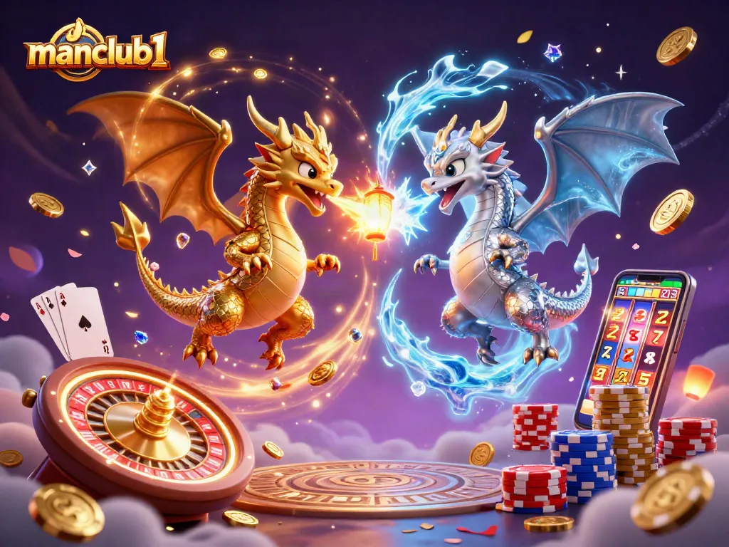 Experience thrilling gaming with manclub1 as dragons battle in a casino-themed fantasy.
