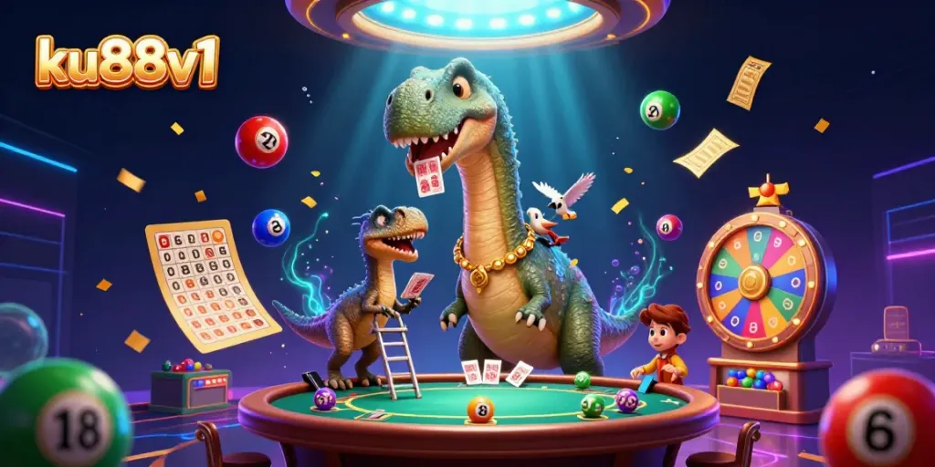 Experience thrilling gaming at ku88v1, with animated lottery balls, a brontosaurus, and card-dealing raptors.