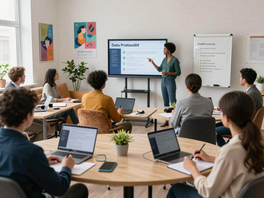 Training zur Datenschutz-Compliance in sozialen Einrichtungen mit vielfältigem Team und digitalen Lehrmaterialien.