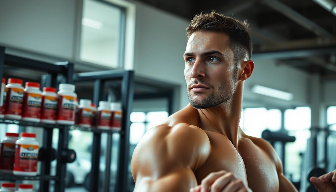 Beim clenbuterol kaufen sehen wir einen Athleten beim Training in modernem Fitnessstudio.