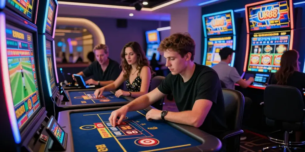 Players enjoying UK88 online gambling games including sports betting and live casino action in a modern gaming room.