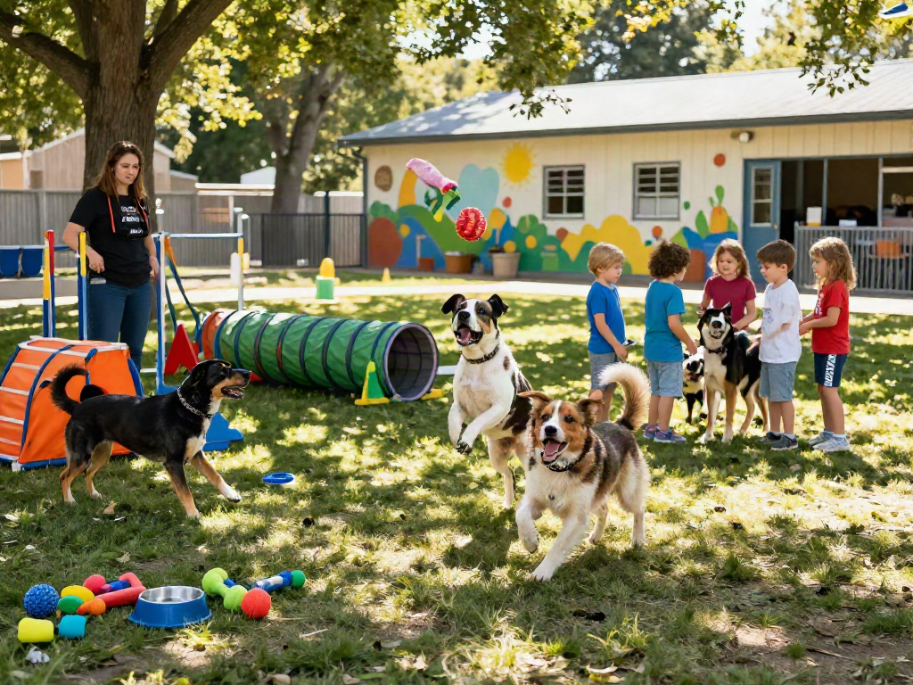 Engaging dog daycare scene featuring playful dogs and staff, promoting slot depo 10k activities in 2026.