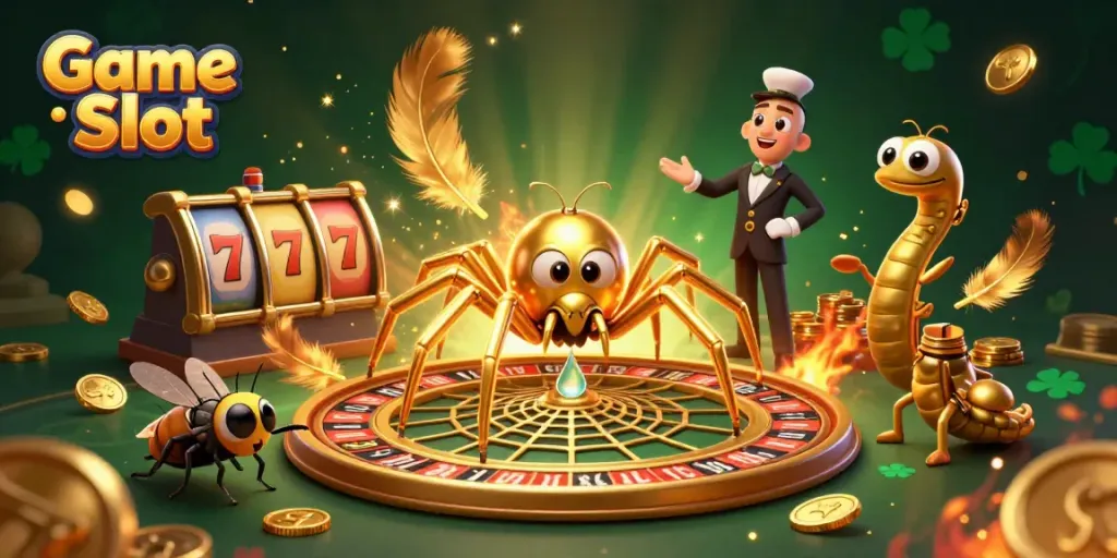 Engaging Game Slot scene featuring a golden spider and centipede dealer amid thrilling casino elements.