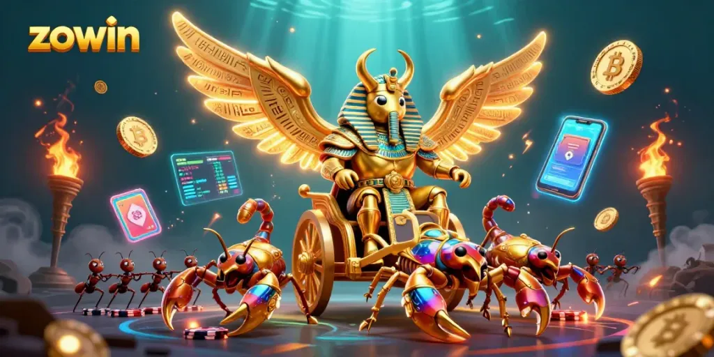Zowin themed illustration showcasing vibrant casino elements with golden scarab beetle and crypto coins on display