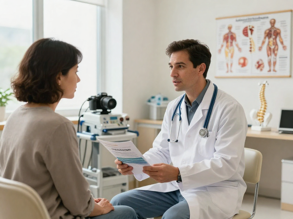 Consultation for dar kanal ameliyatı in a modern clinic with medical professional and patient.