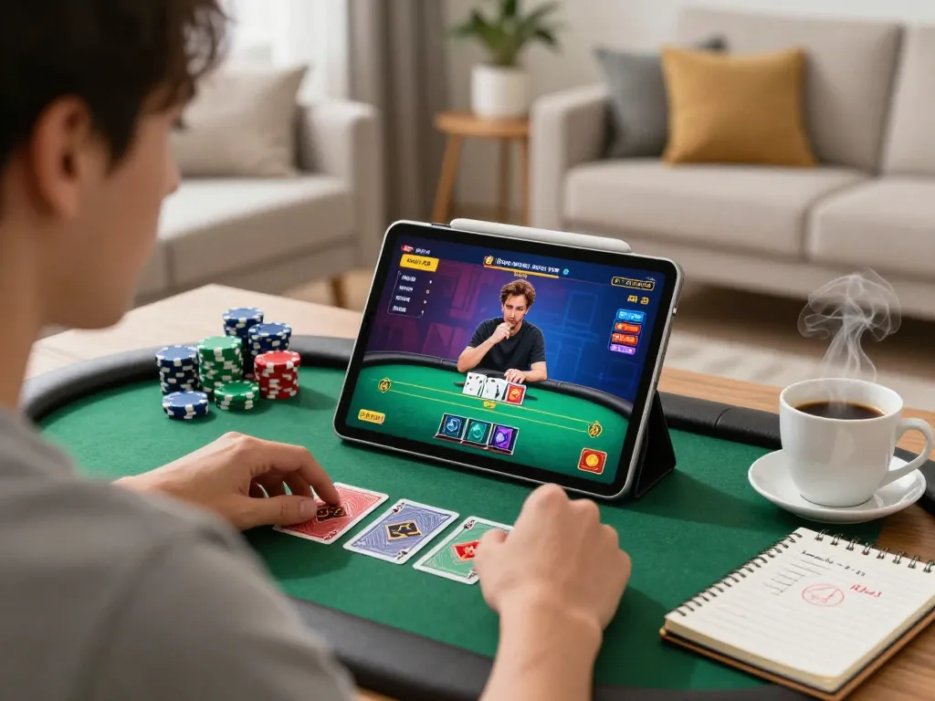 Engaged player enjoying a poker game at home on max88 tablet, warm ambiance, and strategic atmosphere