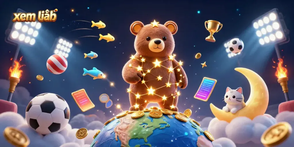 Experience the excitement of xem thêm with a vibrant and dynamic casino-themed 3D illustration showcasing fantasy elements and sports.