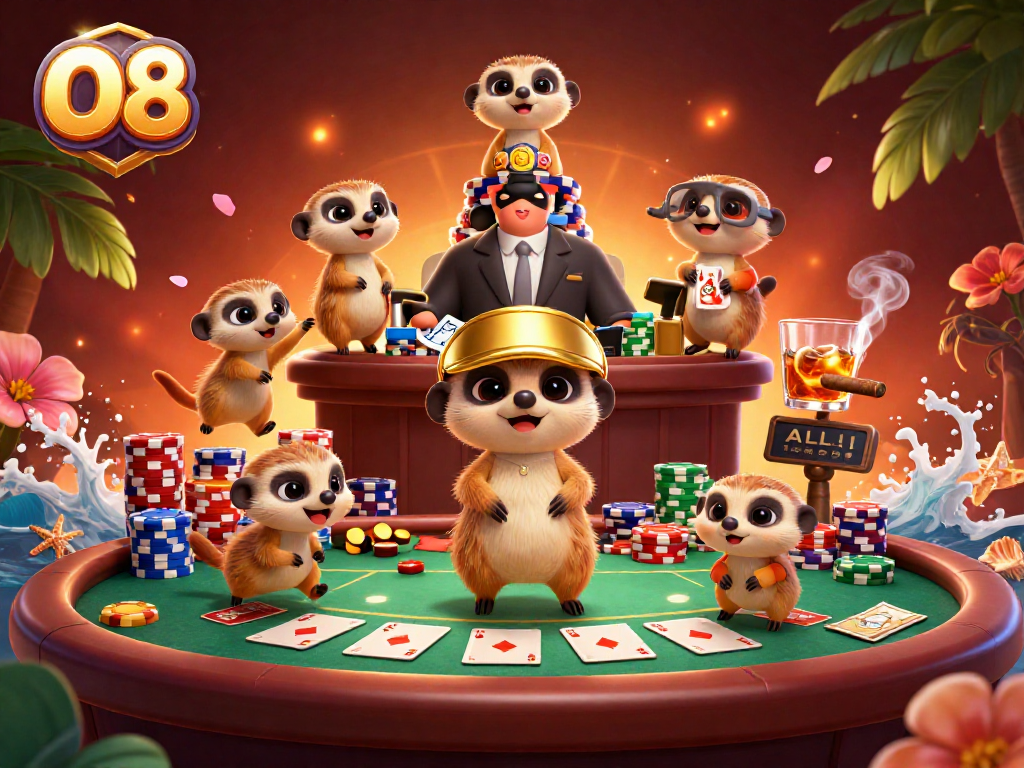 O8's meerkats deal cards and celebrate wins in a vibrant casino scene.