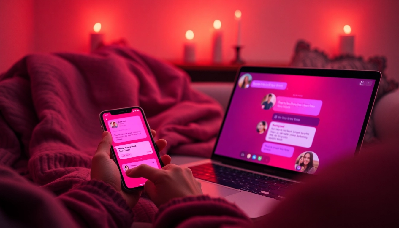 Inviting NSFW chat setup with smartphone and laptop in cozy, warm lighting.