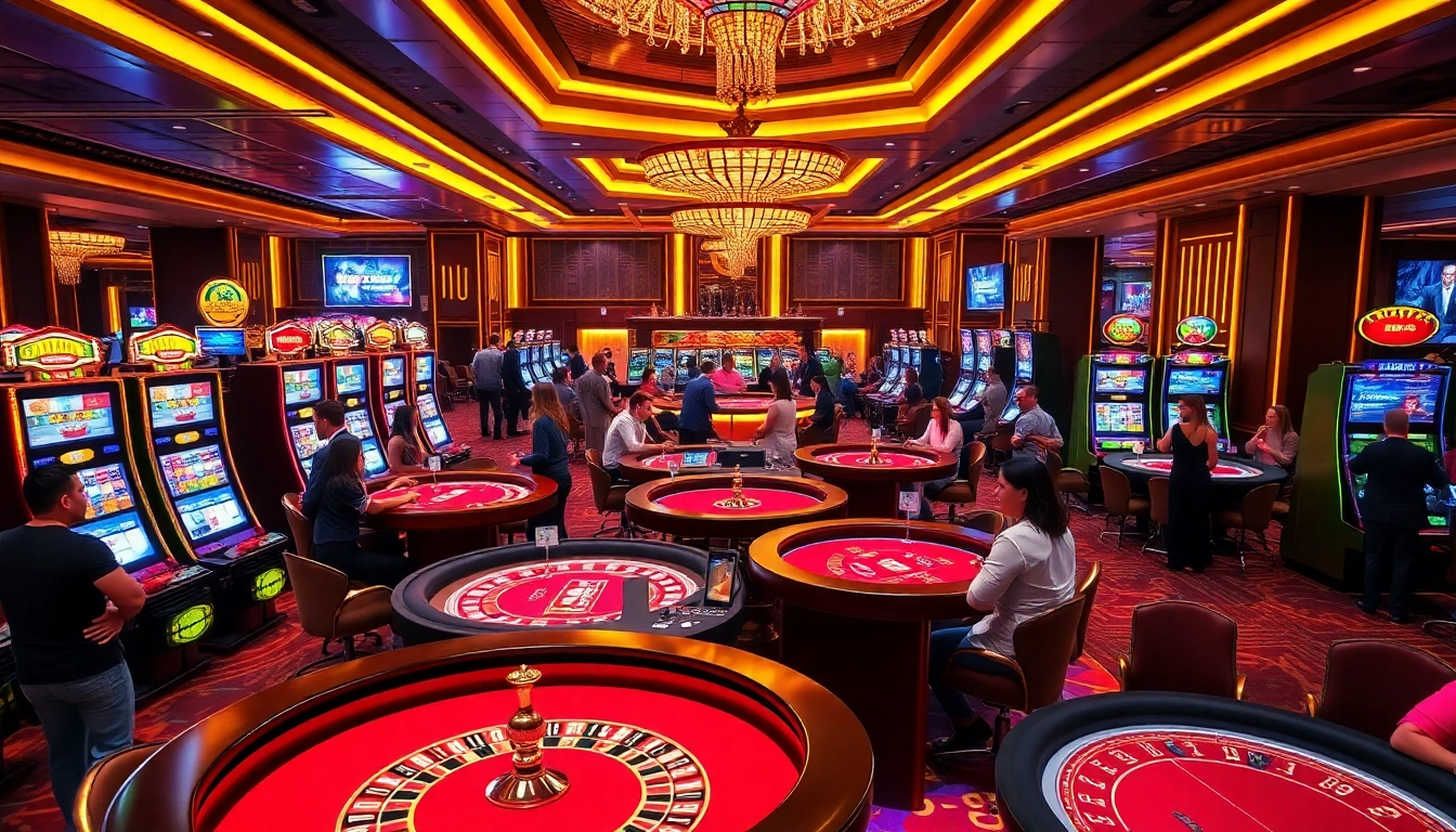 Aufgeregte Spieler genießen eine lebendige Spielatmosphäre im NV Casino mit beeindruckenden Slotmaschinen und Tischen.