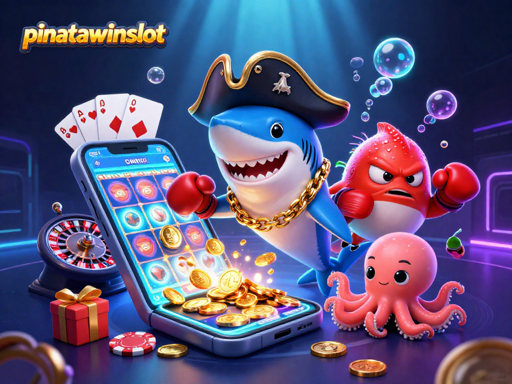 Engage with pinatawinsslot featuring a fun pirate shark, pufferfish, and octopus amidst vibrant casino elements.