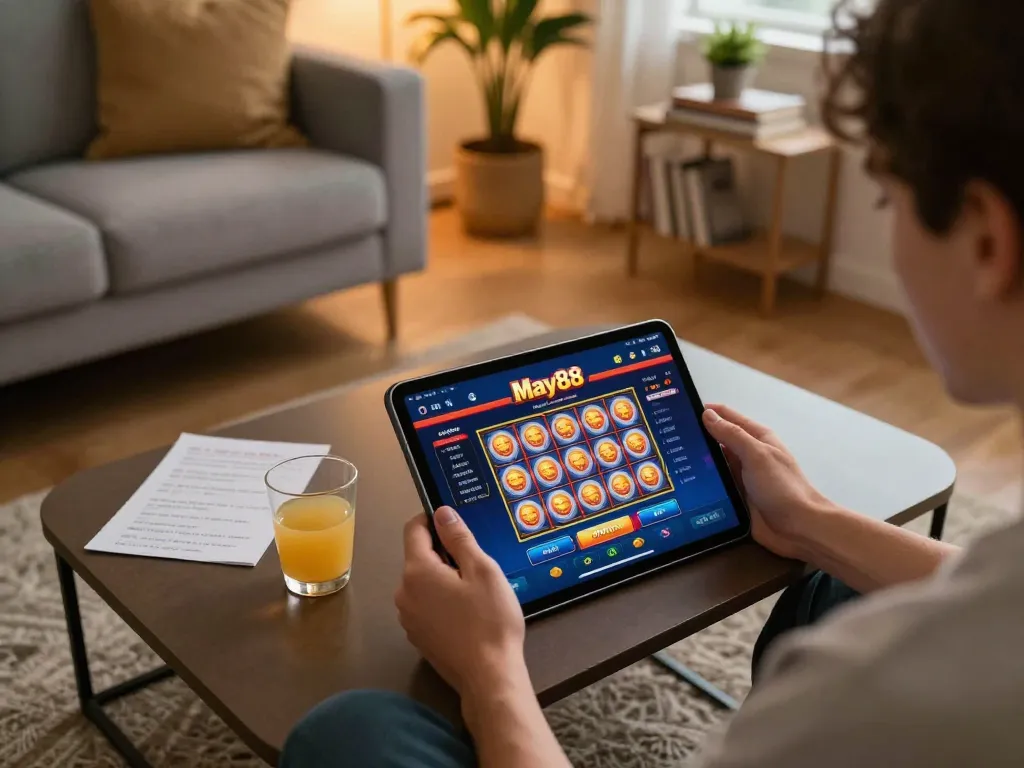 Experience the excitement of may88sss with online gaming on a tablet in a cozy home setting