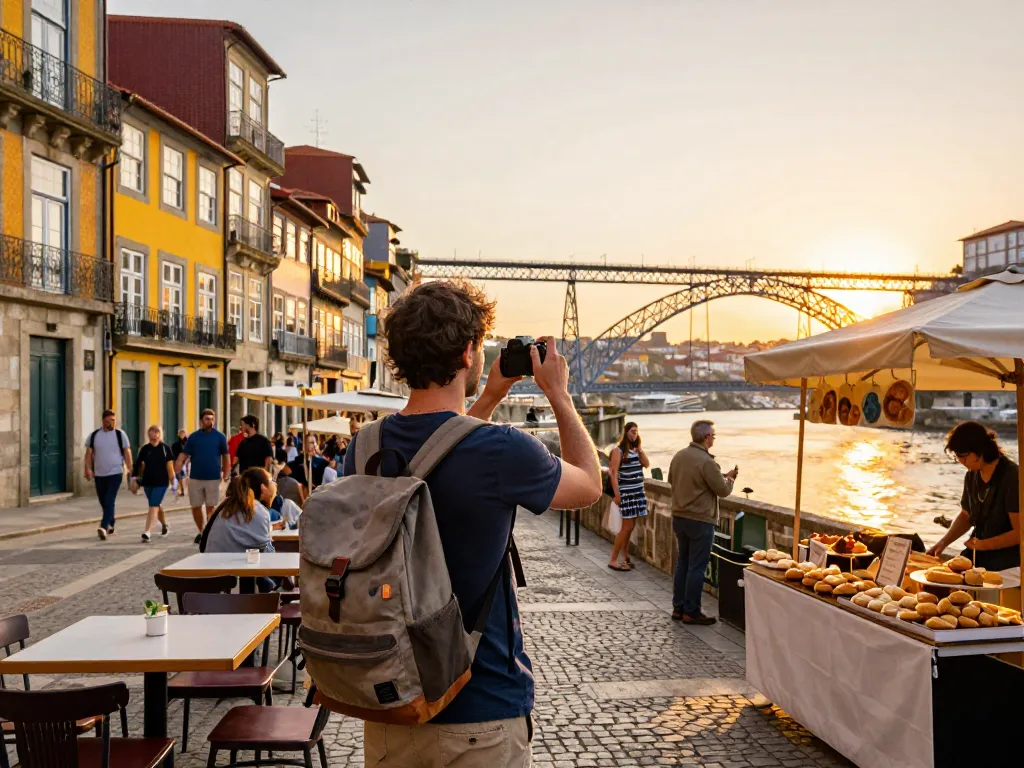 Reisetipps Porto - Reisender, der die pulsierenden Straßen von Porto mit ikonischer Architektur genießt