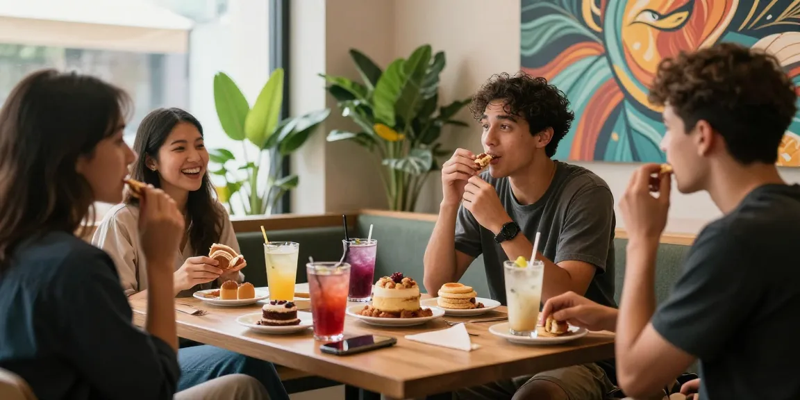 Group of friends enjoying snacks and drinks at a trendy café showcasing the rokok88 link in a vibrant social setting.