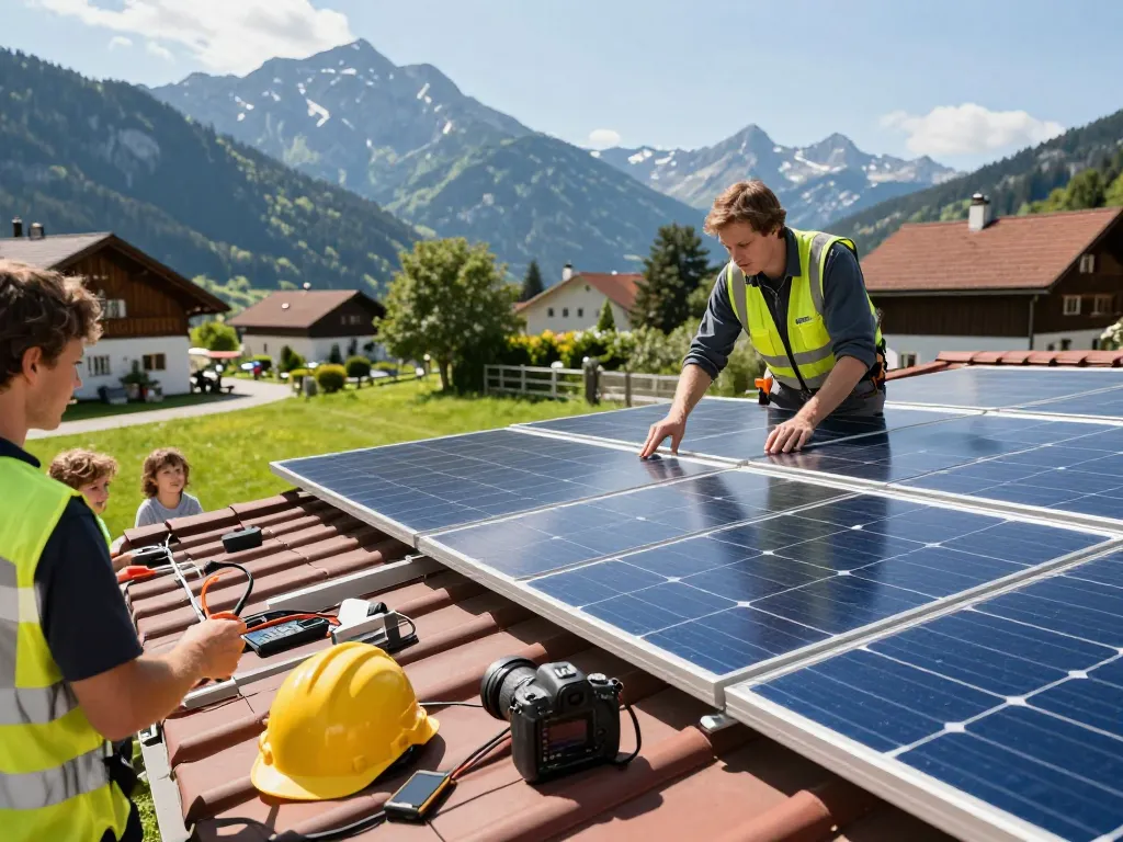Photovoltaik Bayern Installation mit Techniker und Familie, die Solarpanels auf einem bayerischen Zuhause beobachten.