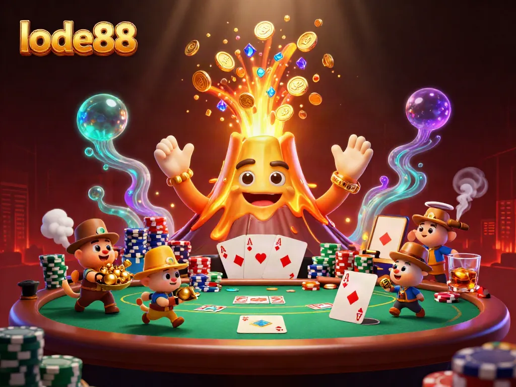 Engage in thrilling gameplay with lode88, featuring a golden volcano and poker elements in a vibrant casino setting.