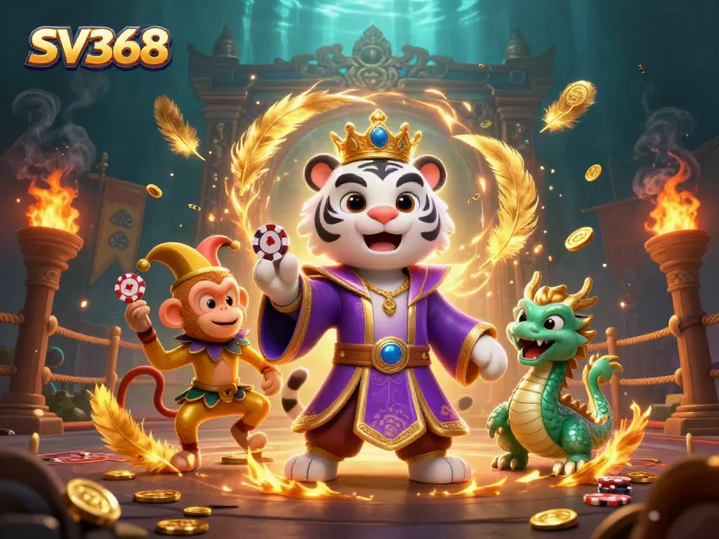 Engage with SV368's lively atmosphere, showcasing a regal tiger and playful monkey in a dynamic casino scene.